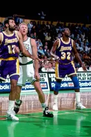Vlade Divac and Magic Johnson battle for position v Larry Bird Bos- Old Photo