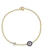 Bloomingdale's Fine Collection Blue Sapphire & Diamond Evil Eye & Cross Link Bracelet in 14K Yellow Gold