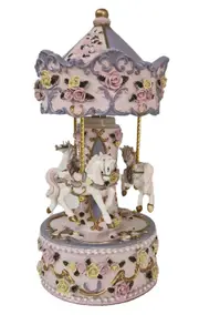 Russell Collection - Carousel 3 Horse Rotating Musical Merry Go Round - Pearl