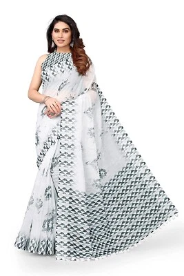 Women's Cotton Blend Printed Saree with Blouse Piece Light Grey & Dark Grey 6