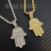 Hip Hop Iced Hamsa Hand Cubic Zirconia Pendant & 24" Rope Chain Fashion Necklace