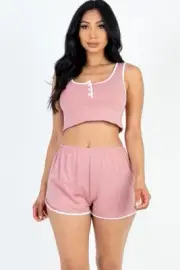 Casual French Terry Sleeveless Button Front Contrast Trim Cropped Tank Top And S