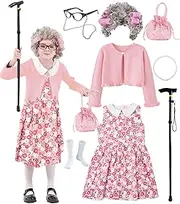 FAYBOX 9 pcs Old Lady Costume for Kids,100 Days of School Costume for Girls,Halloween Granny Glasses Grandma Dress Up