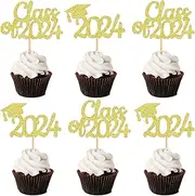 Ercadio 24 PCS 2024 Graduation Theme Cupcake Toppers Gold Glitter Class of 2024 Graduation Cap Cupcake Picks 2024 Graduation Theme Party Cake Decorations Supplies
