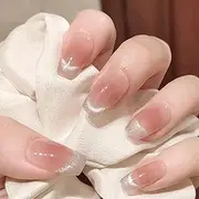 KAVI' S 24pcs French Tip Stick on Nails Cat Eye Press on Nails Nude Gradient Glitter Fake Nails Ballerina Acrylic False Nails Jerry Glue for Women Girls Nail Art