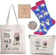[HIGHTERTON] Pug Gifts for Women, 5PCS Gift Set for Dog Lovers – Includes Tote Bag, Make Up Bag,Socks and 50 Pug Stickers, Ideal for Dog Moms and Pet Lovers, Multicolor-pug, One Size