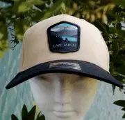 Lake Tahoe Hat Cap Mens Snap Back Beige Black, Mountain Lake, Logo Patch NWT
