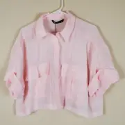 Zara Light Pink Button-up Sheer Oversize Cropped Top Size Large