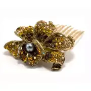Hand Made Hair Jewelry Elaborate swarovski crystal Flower Bridal Comb Brown