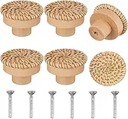 JUMXSRLE Boho Rattan Dresser Knobs, Cabinet Knobs Durable Beech Wood Drawer Knobs Handmade Wicker Woven Pulls with 6 Screws for Cabinets, Furniture - 6 Pack Cabinet Knobs