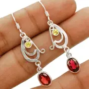 Natural Fire Garnet & Peridot 925 Sterling Silver Earrings 1 3/4'' Long @B16-8