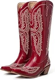 [Kinyahoe] Cowboy Boots for Women Knee High Wide Calf Cowgirl Booties Pointy Toe Chunky Heel Embroidered Western Boots Side Zipper