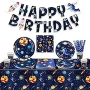 Outer Space Birthday Decorations - Happy Banner, Plates, Tablecloth, Napkins, Cups for Kids Solar System Theme Party, Serves 20 Guests