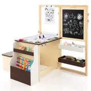 Costway 3IN1 Painting Table Bench Set Double-Sided Art Easel Storage Bookshelf w/Cup Holders & Metal Clips Coffee