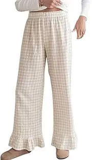 [Fronage] Women's Striped Gingham Boxer Pants Plaid Pajama Lounge Pj Bottoms Elastic Waist Loose Beach Trousers with Pockets
