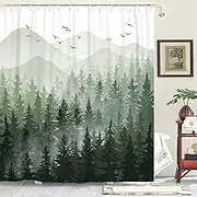 Accnicc Green Misty Forest Shower Curtain Ombre Sage Green White Mountain Pine Tree Waterproof Fabric Shower Curtains for Bathroom Nature Woodland Decorative Modern Bath Curtain Decor 72×72 Inches