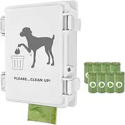 Dog poop bag holder wall mount outdoor doggie poop bag storage dispenser with 8 rolls | small poop bag station for yard with cute cleanup signs | stake, pole, post, fence mounted (dispenser+8 rolls)