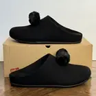 FitFlop Chrissie Pom Pom Slippers Women’s Size 7 All Black Slip On Clogs Mules