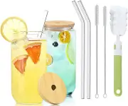 Bamboo Lid Glass Cups with Glass Straw - Set of 2PCS,350ml Can Shaped Tumblers