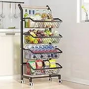 FORYUSE Snack Cart 4-Tier with Wheels Adjustable Fruit Vegetable Basket Rack Metal Wire Storage Cart Rolling Pantry Utility Kitchen