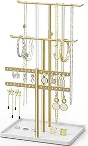 susswiff Jewelry Holder Organizer Stand - Adjustable Jewelry Tree 17.5" Height (Max), Jewlery Hanger for Necklaces, Bracelets, Earrings, Aesthetic for Storage and Display, Metal, Gold and White