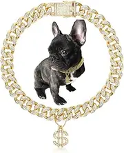 Gold Dog Collar 14mm/20mm Cat Puppy Chain Zircon Cuban Link Chain Handmade Iced Out 14K 18K Diamond Exaggerated Dollar Pendant Full Cz Prong Set Pet Jewelry