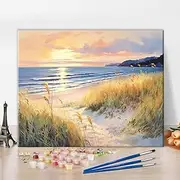 TUMOVO Beach Paint by Numbers for Adults, Beautiful Sunset Over The Sea DIY Paint by Number Kits on Canvas Dunes and Grass Acrylic Painting by Numbers Gifts Art Crafts for Home 16"x20" Frameless