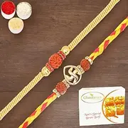 Ghasitaram Gifts Rakhi for Brother Rakhis Online - Set of 2 RM605 and R50016 Premium Rakhis with 400 GMS of Besan Barfi
