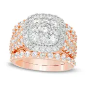 3.75 CT. T.W. Natural Diamond Double Cushion Frame Multi-Row Three Piece Bridal Engagement Ring Set in Solid 10K Rose Gold