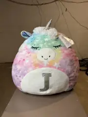 Justice Initial Unicorn Squishmallow Rainbow Plush Pillow Initial Letter "J" NWT