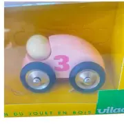 Rare Vilac Pink Race car Wooden Car Delivery Moirans Made In France Toy NEW Wood