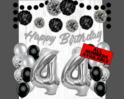 Silver & Black 44th Birthday Decorations - 40" Number Balloons &More Boy or Girl