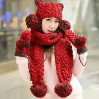 在飛比找樂天市場購物網優惠-圍巾+手套+毛帽(三件套)-可愛貓耳朵純手工編織防寒配件組合
