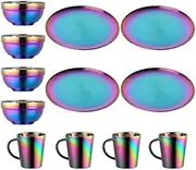 Plate and Bowl Sets, Stainless Steel Rainbow Dishes Bowls Mugs Kitchen Dinnerware Set Service for 4 (Rainbow, 9 inch Plate/5.1 inch Bowl/Cups)