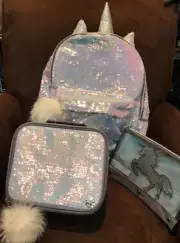 JUSTICE ❤️ UNICORNS BACKPACK/LUNCHBOX/PENCILCASE SHIMMERING FLIP SEQUINS