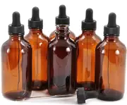 , 6, Amber, 4 Oz Glass Bottles, with Glass Eye Droppers