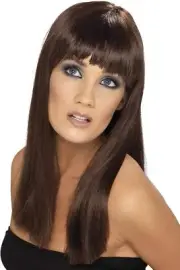 Smiffys Womens Long and Straight Brown Wig with Bangs, One Size, Glamourama Wig,