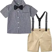[mintgreen] Baby Boy Gentlaman Oufit Set Short Sleeve Bow Tie Shirts Suspenders Trousers Wedding Suit Size 1-4 Years