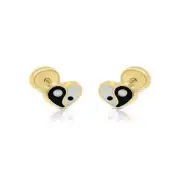 14K Pure Yellow Gold Enamel Heart Yin Yan Stud Earrings