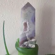 Large chunky black flower agate Tower. Druzy on front & side. 6" tall.