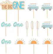Briwooody 13 Pcs the Big One Cake Topper Wooden Wave Surf First Birthday Decorations Surfboard Hippie Bus Sun Smash Cupcake Photo Props for Summer Holiday Birthday Party