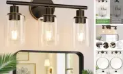 3-Light Bathroom Light Fixtures, Brown and Gold Bathroom Wall Lights, Modern
