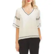Vince Camuto | NWT | Large | Bell Sleeve Embroidered Chiffon V-Neck Blouse $119