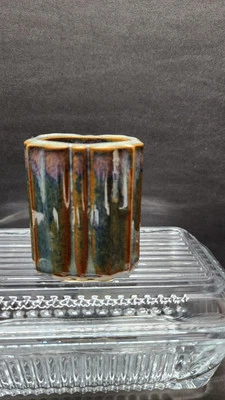 Bay Pottery VA Handcrafted Jade Drip Glaze Vtg Q-Tip Holder Great for paperclip