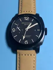 SEAKOSS 45MM GMT CUSHION CASE MILITARY BLACK SANDWICH DIAL LUMINOUS AUTO SEAGULL