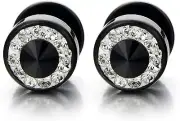 Black Stud Earrings Stainless Steel Illusion Plug Screw Back -Cubic Zirconia 8mm