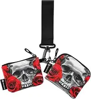 [XYMZR] Mini Zip Around Wristlet keychain Wallet Red Rose Skull for Women Personalized Pattern Detachable Dual Pouch Wristlet Portable Wallet Phone Coin Purse, Multi-colored, One Size