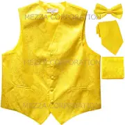 New Men's wedding formal Paisley Tuxedo Vest Necktie, Bowtie & Hankie set Yellow