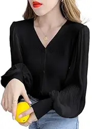 [CHENXINXIN] zhangxin Long-Sleeved V-Neck Blouse Bottoming All-Match Small Shirt Sense Female Chiffon Sweater(Black,Medium)