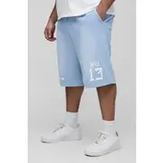 Mens Light Blue Plus Oversized Drop Crotch Puff Print Spray Wash Jersey Shorts